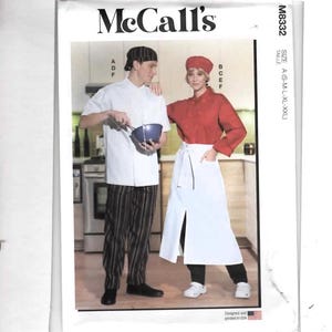 May include: McCall's pattern featuring chef attire. The image shows a man in a white chef's coat and striped pants, holding a bowl and a woman in a red chef's jacket and white apron. The pattern includes sizes A (S-M-L-XL-XXL).