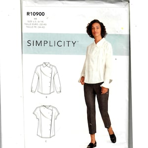 May include: A sewing pattern for a white shirt with long or short sleeves. The pattern is from Simplicity and is for sizes 6-14, 32-40 Euro, and 34-42 French.