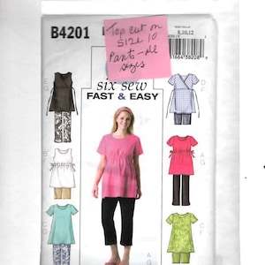 May include: A sewing pattern package labeled B4201, featuring illustrations of various tops and pants. The package includes the text "six sew FAST & EASY" and a photo of a woman wearing a pink top and black pants. A pink sticky note says "Top cut on size 10 Pants - all sizes."