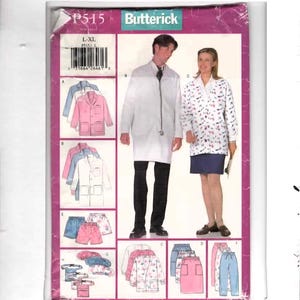 May include: Butterick sewing pattern P515 featuring medical scrubs and lab coats. The pattern includes illustrations of various styles, including a white lab coat, printed scrub tops, shorts, and pants. The size range is L-XL.