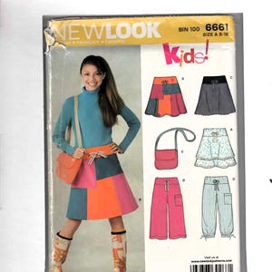 May include: A New Look sewing pattern envelope for kids, model 6661, size 8-16. The cover features a photo of a skirt with color-blocked panels in blue, pink, and orange, paired with a blue turtleneck, orange bag, and patterned boots. Includes illustrations of skirts, pants, and a bag.