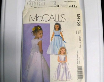 Mccalls 4759 Girls Childrens Evening formal dress Size CDD 2 3 4 5 Pattern destash