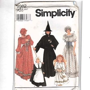 May include: A Simplicity 9982 sewing pattern envelope for adult costumes. The cover features illustrations of five outfits: a red floral dress, a black witch costume with a pointed hat, a white angel robe with wings, a colonial-style dress, and a floral dress.
