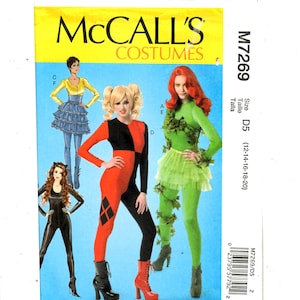 May include: McCall's Costumes pattern featuring four costume designs. The costumes include a black catsuit, a red and black jumpsuit, a green ivy-themed outfit, and a blue and yellow ensemble. Size D5 (12-14-16-18-20).