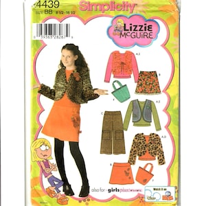 May include: A sewing pattern for a girl's outfit featuring a leopard print jacket, a red skirt, and a green bag. The pattern is from Simplicity and is for sizes 8 1/2 to 16 1/2. The pattern also includes a vest, a pair of pants, and a skirt. The pattern is for the TV show Lizzie McGuire.