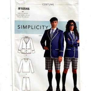 May include: Simplicity sewing pattern for a costume, pattern number R10546, size US (44-52), Euro (54-62), and French (54-62). The pattern includes instructions for a blazer, sweater, and shorts. The image shows two people wearing the completed costume.