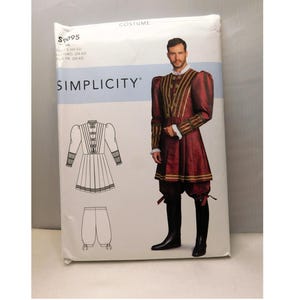 May include: Simplicity costume pattern featuring a Renaissance-style outfit. The pattern includes a drawing of the costume and a photo of a person wearing the costume. The costume is burgundy with gold accents and black boots.