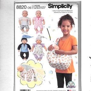 May include: Simplicity sewing pattern 8820 for 15-inch doll clothes. The envelope features illustrations of four dolls in various outfits, including a shirt and shorts, a romper, a hat and shirt set, and a dress. It also shows a doll carrier.