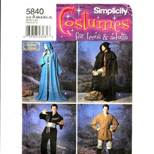 May include: Simplicity pattern 5840 for costumes for teens and adults. The pattern includes four different costumes: a blue hooded robe, a black hooded robe, a black and white costume, and a brown and white costume.