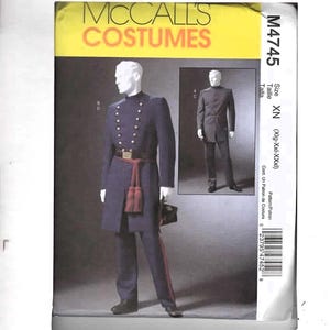 May include: McCall's Costumes pattern M4745. The package features a navy blue military-style costume with gold buttons, a red sash, and matching pants. The package also shows a smaller image of a similar costume. The size is XN.