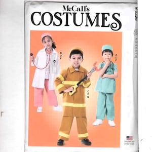 May include: McCall's Costumes pattern featuring children's costumes. The costumes include a doctor's outfit with a stethoscope, a firefighter's uniform with a tool, and a surgeon's outfit. The pattern is printed in the USA.