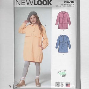 May include: A New Look sewing pattern, N6716, featuring a young person wearing a peach-colored dress. The pattern includes illustrations of a pink and blue tunic. The size range is U.S. 3-14.