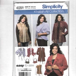 May include: Simplicity sewing pattern featuring the Khaliah Ali Collection. The pattern includes designs for jackets and a top. The size range is FF 18W-24W. The image shows the finished garments in various colors and styles.