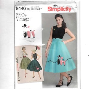 May include: Simplicity sewing pattern 8446 H5 for a 1950s vintage style dress. The envelope features a black sleeveless bodice and a teal full skirt with a poodle appliqué. Illustrations show variations in green and dark teal with poodle designs.