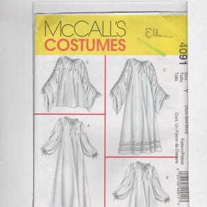 May include: A McCall's Costumes sewing pattern envelope, number 4091, size Y. The front displays illustrations of four garment variations labeled A, B, C, and D, featuring gathered necklines with ties and long, full sleeves on white backgrounds.