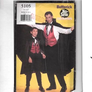 May include: A vintage Butterick No-Sew costumes pattern featuring a vampire costume. The pattern shows a man and a child in black capes, red vests, and bow ties. The pattern number is 5105, with sizes B/XS-S-M-L.