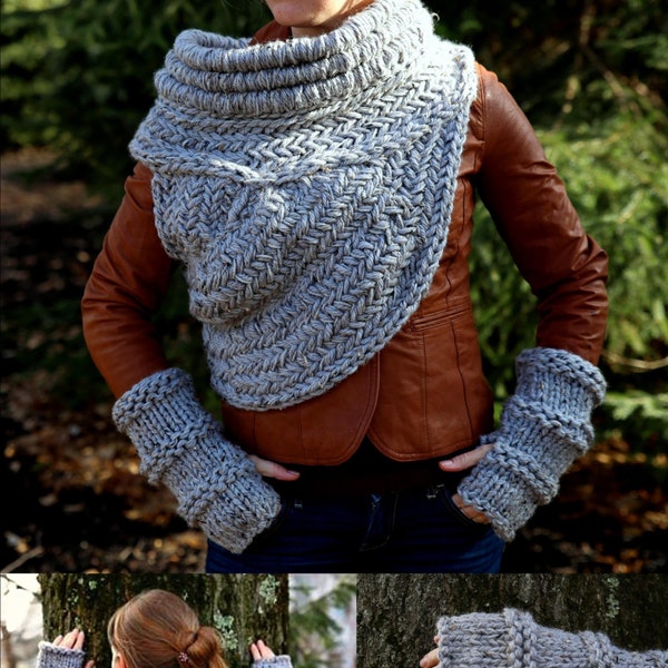Archer Cowl and Mittens 2 KNITTING PATTERNS instructions, all adult sizes and colors - how to make huntress cowl vest armor and mitts SET