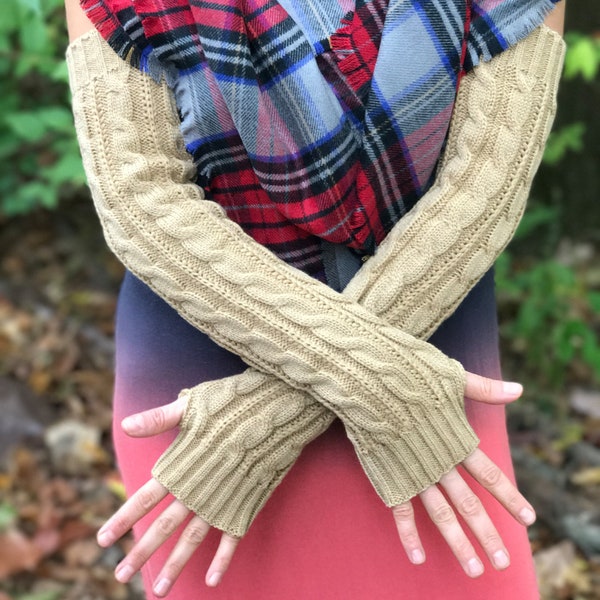 Extra long cable knit arm warmers, light weight mittens, knitted wristers, texting gloves, gift for girlfriend,  SHIP TODAY!