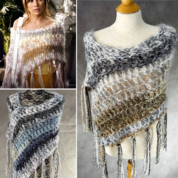 Bohemian Sheer Poncho w/ Long Tassels, Monster in Law JLo Shrug, Crochetted Shoulder Warmer, See Through, Fishnet Shawl, Gift Girlfriend