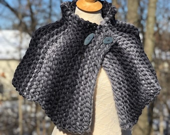 Outlander Inspired Brianna’s Cape, Cowl, Knitted Scarf 2 Wooden Hand Carved Buttons, Shawl, Neck Warmer, Gift for Girlfriend, 100% Wool Yarn