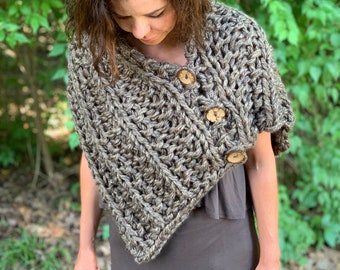 Oversized Chunky Scarf in Soft Taupe Brown, Super Soft Vegan Yarn, Hand Knitted Shoulder Wrap with 3 Large Coconut Buttons, Outlander Gift