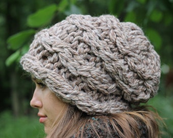 May include: A brown and beige knitted beanie hat with a cable knit pattern.