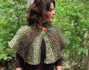 Brianna’s Cape, Cowl, Knitted Scarf with 2 Carved Wooden Buttons, Shawl, Neck Warmer, Office Blanket, Vegan Yarn, Gift for Girlfriend
