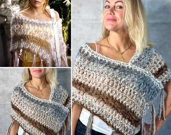 SHIPS TODAY Bohemian Sheer Poncho, Long Tassels, Monster in Law JLo Shrug, Crochet Shoulder Warmer, See Through, Fishnet Shawl, Gift