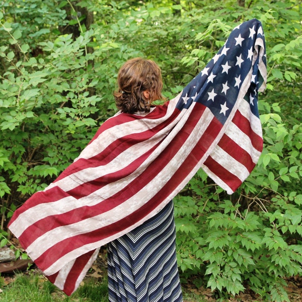 American Flag Scarf, Shawl, Poncho, Shoulder Wrap, Neck Warmer, Tea Stained Vintage Look, July 4th Gift, Patriotic Gift