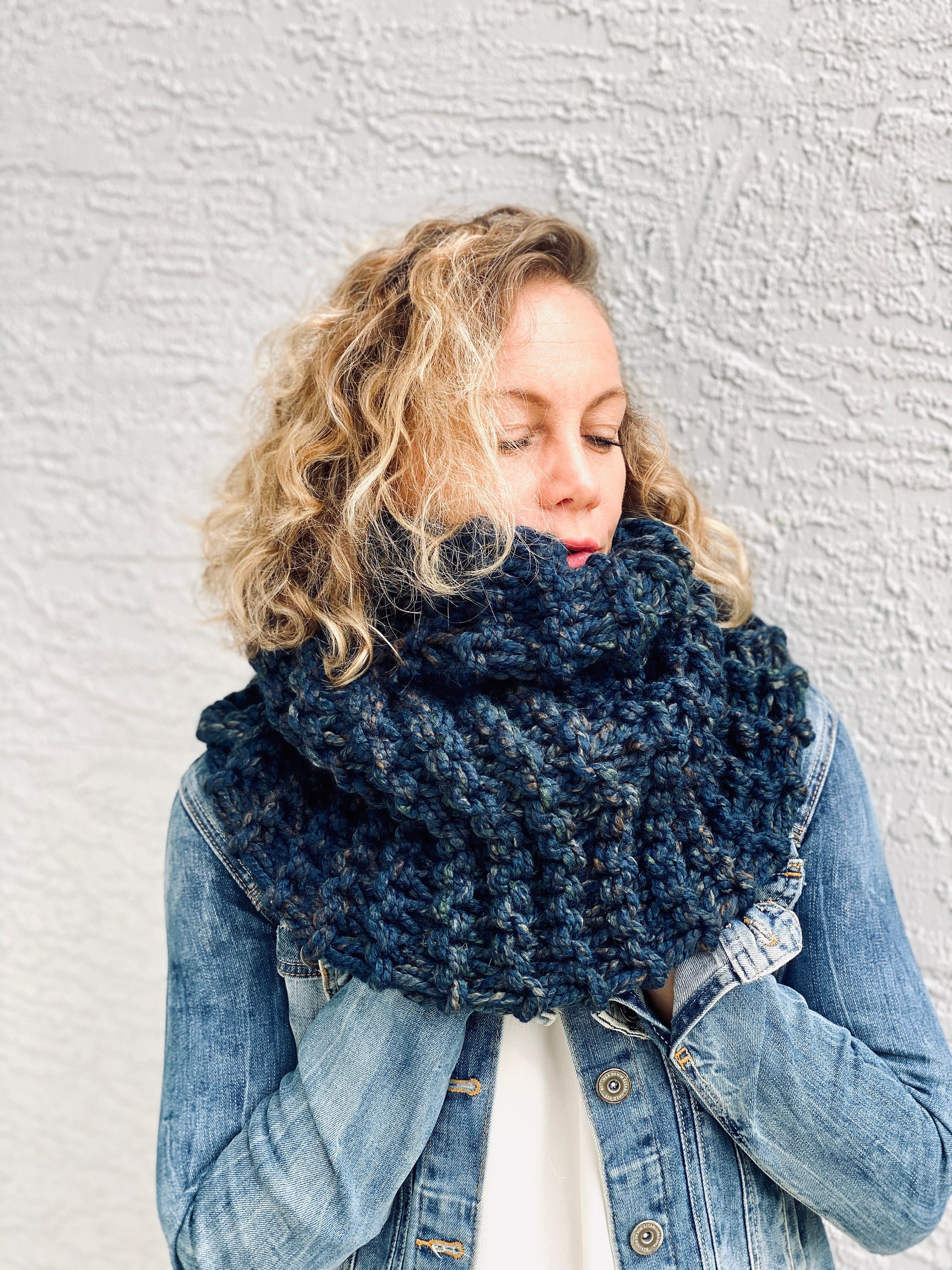 Neck Cowl Scarf, Chunky Knit, Mobius Infinity Scarf Women in Old Denim ...