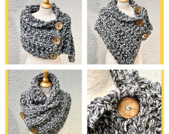 Scarf Cowl, Shoulder Cape, Hand Knitted Oversized Warp with 3 buttons, Office Blanket, Chunky Neck Warmer, Thick Poncho, Gift for Girlfriend