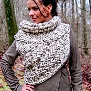 Archer cowl, hand knitted huntress vest, post apocalyptic clothing, shawl in Oatmeal/camel, Katniss fan gift, gift for girlfriend