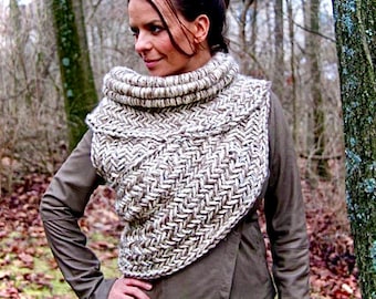 Archer cowl, hand knitted huntress vest, post apocalyptic clothing, shawl in Oatmeal/camel, Katniss fan gift, gift for girlfriend