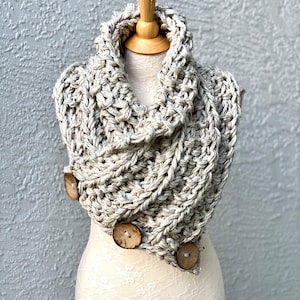 Oversized Scarf, Blanket Scarf, Chunky Neck Warmer, Soft Vegan Yarn, Hand Knitted Shoulder Wrap with 3 Large Coconut Buttons, Outlander Gift