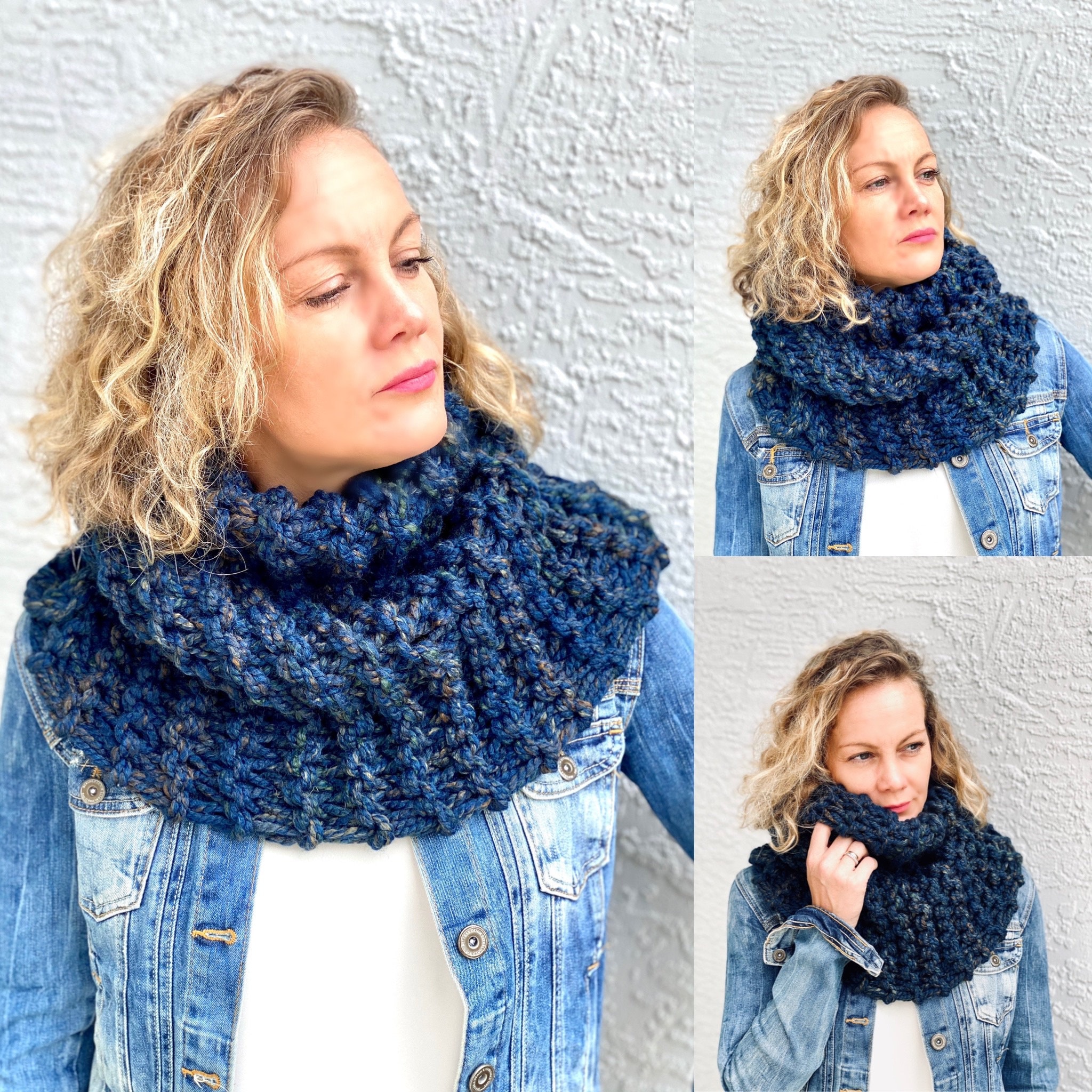 Neck Cowl Scarf, Chunky Knit, Mobius Infinity Scarf Women in Old Denim ...