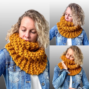 May include: A mustard yellow crocheted infinity scarf worn by three different people. The scarf is thick and textured, and it is a warm and cozy accessory for the winter.