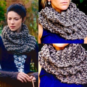 Outlander Inspired KNITTING PATTERN - Beginner / Hand Knit Claire&#39;s Cowl in Barley Brown, Chunky Knit, Infinity Scarf, Neck Warmer