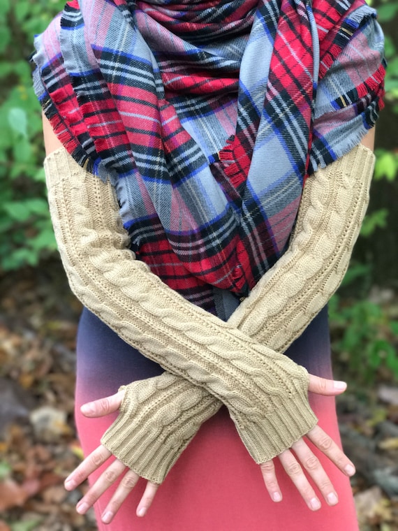 Extra long cable knit arm warmers, light weight mittens, knitted wristers, texting gloves, gift for girlfriend,  SHIP TODAY!