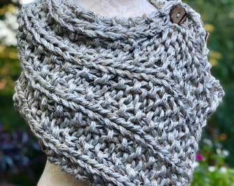 Button Scarf, Hand Knit Shoulder Warp with 3 buttons, Chunky Neck Cowl, Mini Poncho, Gift for Mother, Outlander gifts, Made in USA
