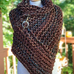 Hand Knitted Shawl for Women, Shoulder Wrap, Chunky Cowl, Neck Warmer In Browns and Teal, Gift for Mother, Girlfriend, Wife