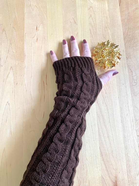 Long Cable Knit Arm Warmers, Knitted Mittens, Long Medieval