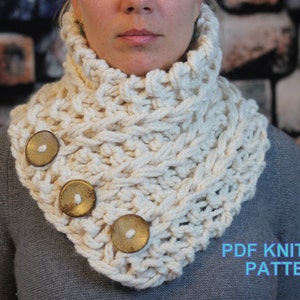 Outlander Inspired KNITTING PATTERN - Beginner / 3 Button Scarf Cowl Shawl in Cream, Chunky Knit, Neck Warmer - Quick, One Afternoon Project