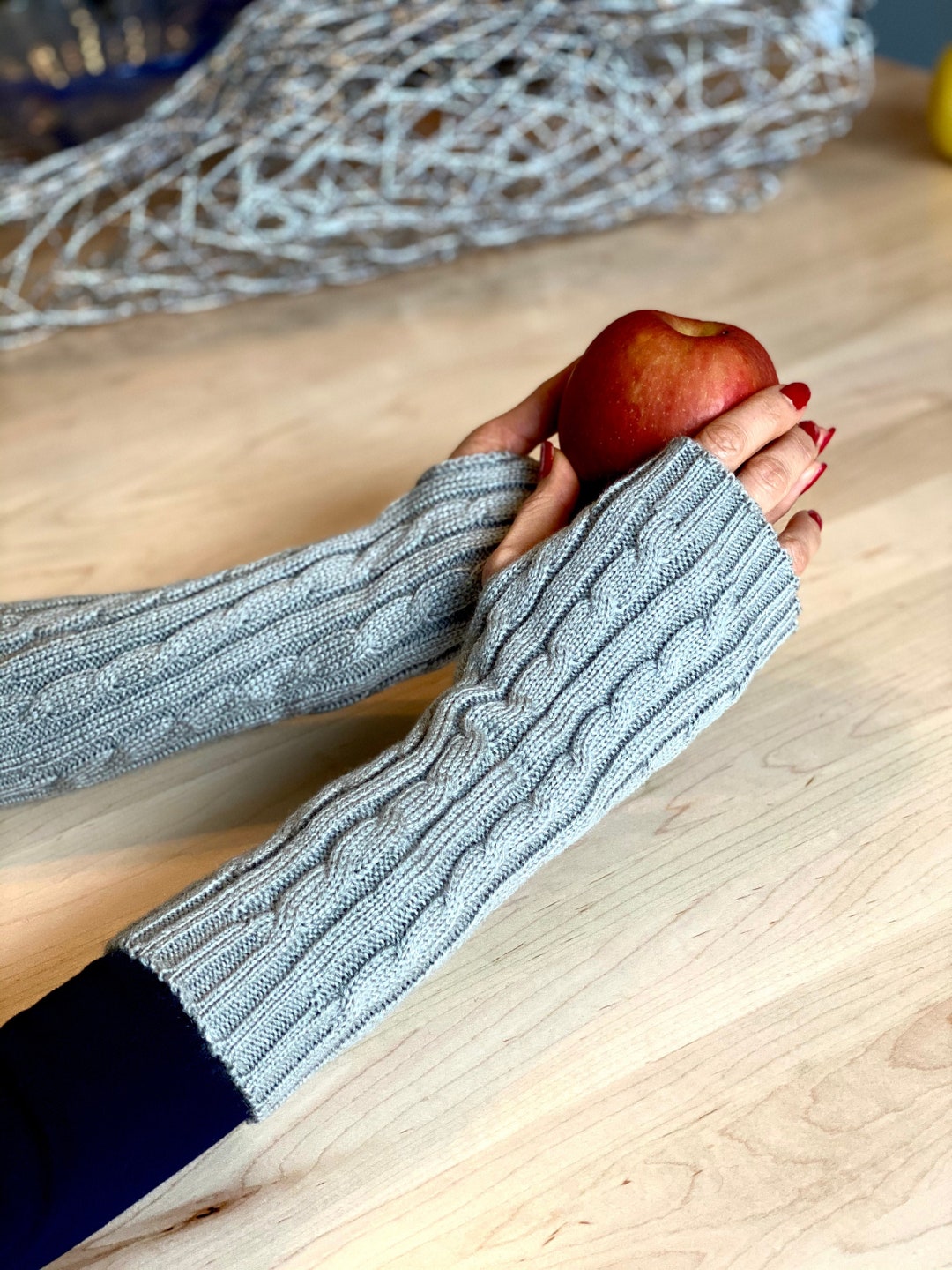 Medieval Cable Knit Arm Warmers, Fingerless Mittens, Texting Gloves