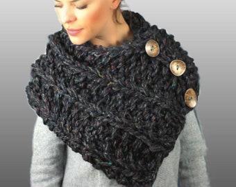 Hand Knitted Cowl Scarf, Neck Warmer, 3 Button Shoulder Wrap, Office Snuggy, Blanket Scarf, Gift for Mother, for Girlfriend