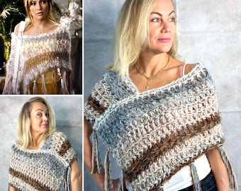 Bohemian Sheer Poncho w/ Long Tassels, Monster in Law JLo Shrug, Crochetted Shoulder Warmer, See Through, Fishnet Shawl, Gift Girlfriend