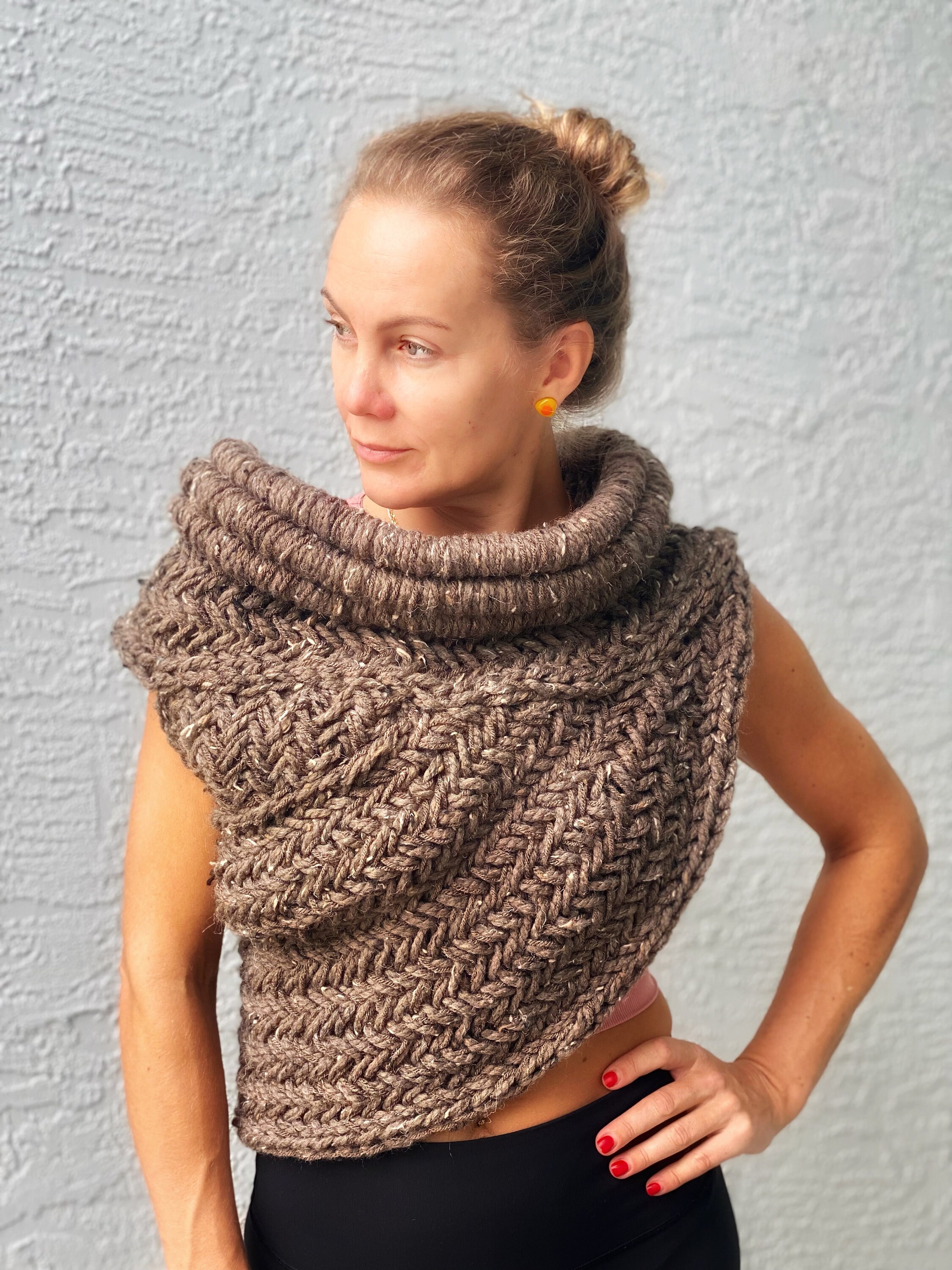 Huntress Cowl, Archer Sweater Vest, Post Apocalyptic Armor, Shawl, Katniss Fan Gift, Catching Fire Knit in wheat/cream, Gift for Her