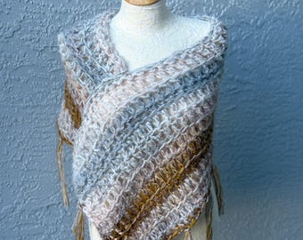 Bohemian Sheer Poncho w/ Long Tassels, Monster in Law JLo Shrug, Crochetted Shoulder Warmer, See Through, Fishnet Shawl, Gift Girlfriend