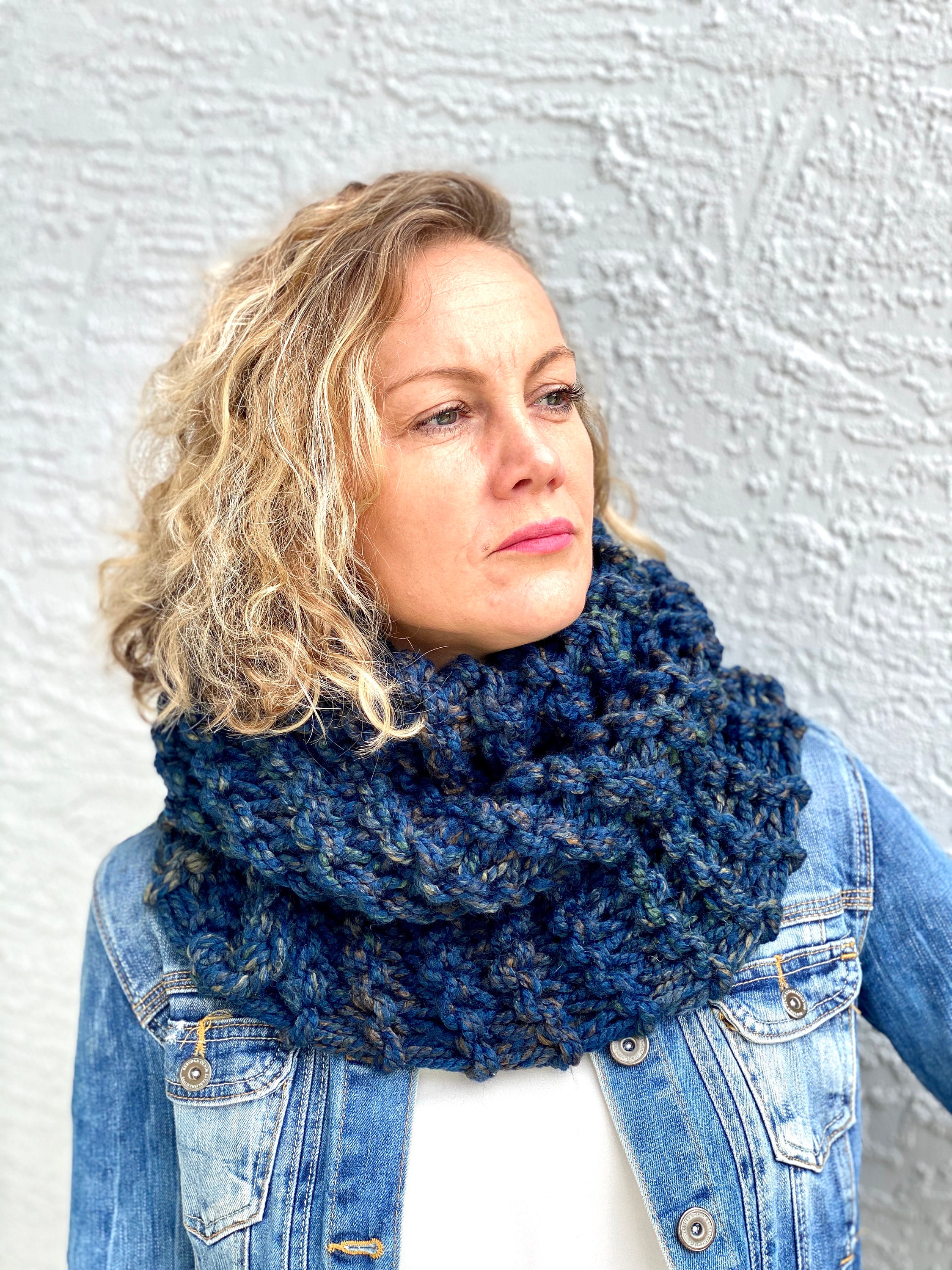Neck Cowl Scarf, Chunky Knit, Mobius Infinity Scarf Women in Old Denim ...