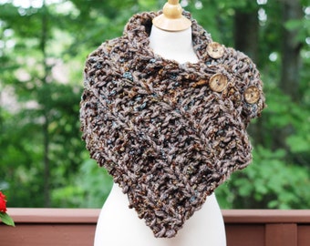 Hand Knit Scarf Cowl, Collar in Brown Blend, Shoulder Wrap with 3 Buttons, Office Blanket, Winter Cowl Scarf, Gift for Mother