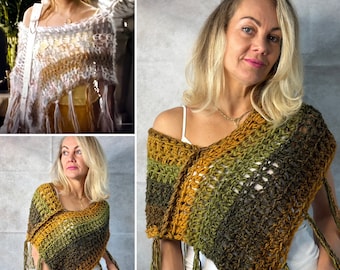 Bohemian Sheer Poncho w/ Long Tassels, Monster in Law JLo Shrug, Crochetted Shoulder Warmer, See Through, Fishnet Shawl, Gift Girlfriend